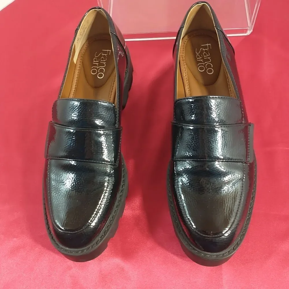 Franco Sarto Shoes Womens Size 8.5M Brindy Black Patent Leather Chunky Loafer.